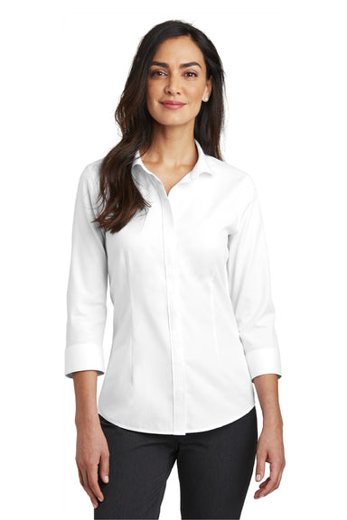 Red House RH690 Womens Nailhead Wrinkle Resistant 3/4 Sleeve Button Down Shirt White Model Front