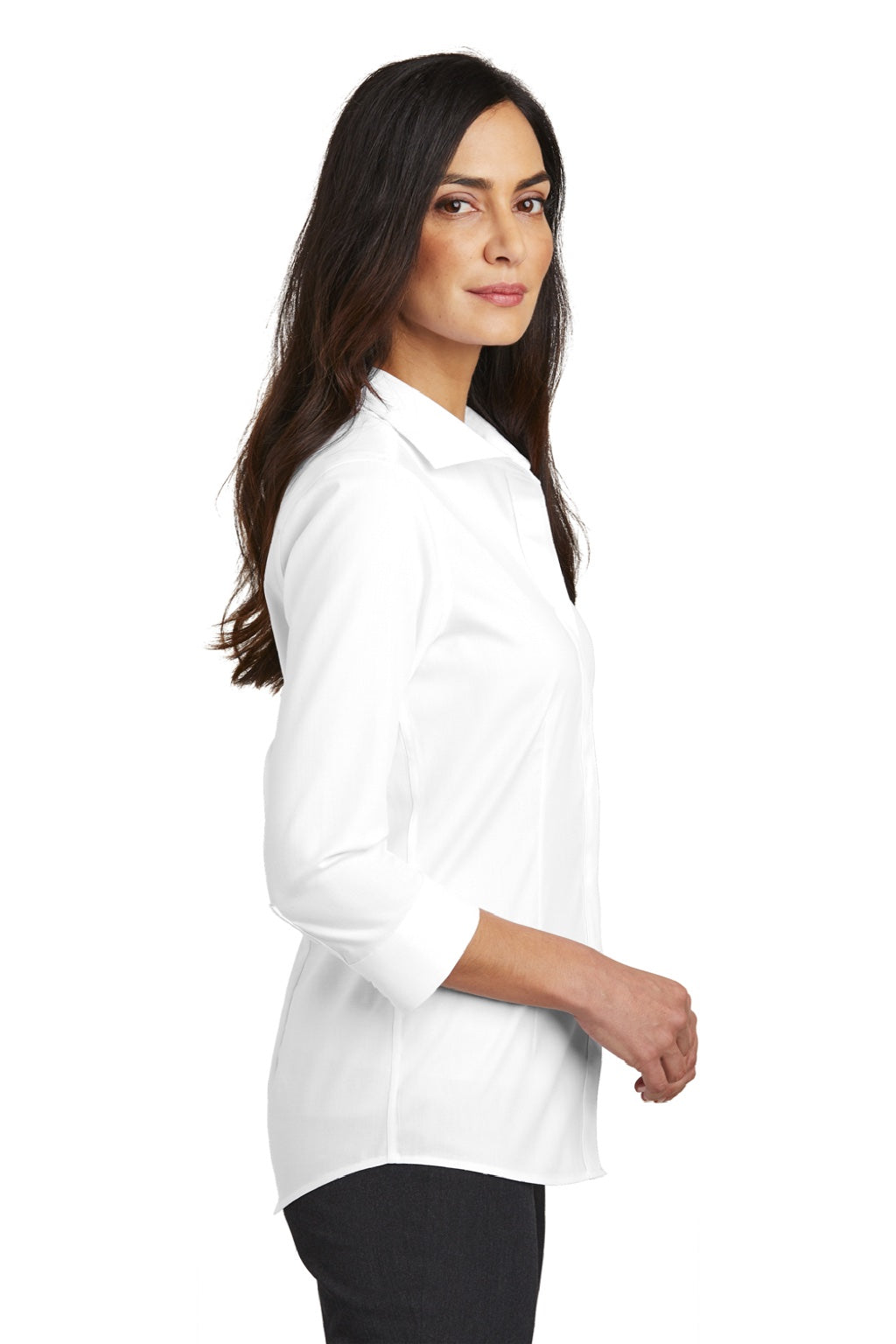 Red House RH690 Womens Nailhead Wrinkle Resistant 3/4 Sleeve Button Down Shirt White Model Side