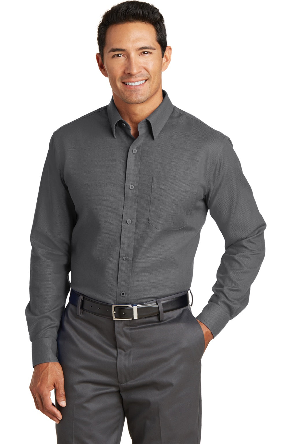 Red House RH76 Mens Wrinkle Resistant Long Sleeve Button Down Shirt w/ Pocket Dark Charcoal Grey Model Front