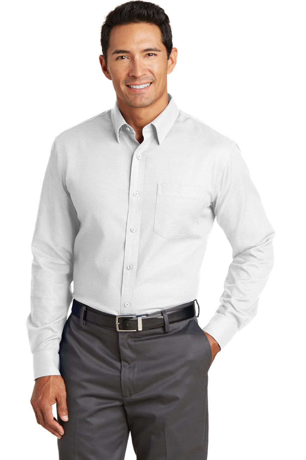 Red House RH76 Mens Wrinkle Resistant Long Sleeve Button Down Shirt w/ Pocket White Model Front