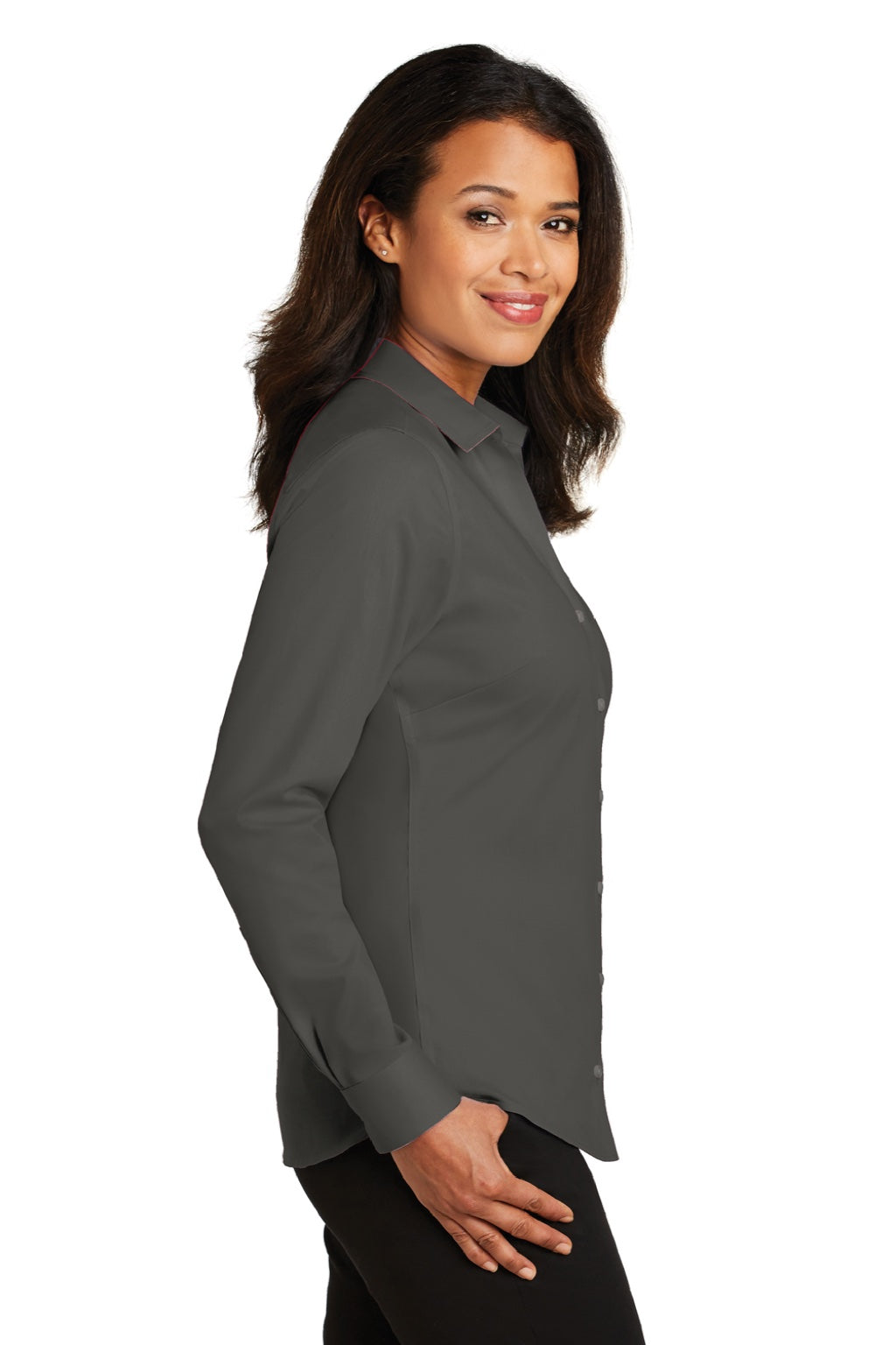 Red House RH79 Womens Wrinkle Resistant Long Sleeve Button Down Shirt Steel Grey Model Side