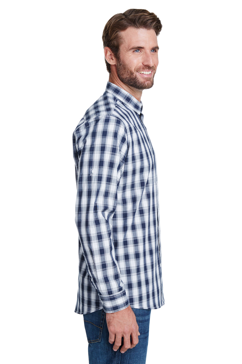 Artisan Collection RP250 Mens Mulligan Check Long Sleeve Button Down Shirt White/Navy Blue Model Side