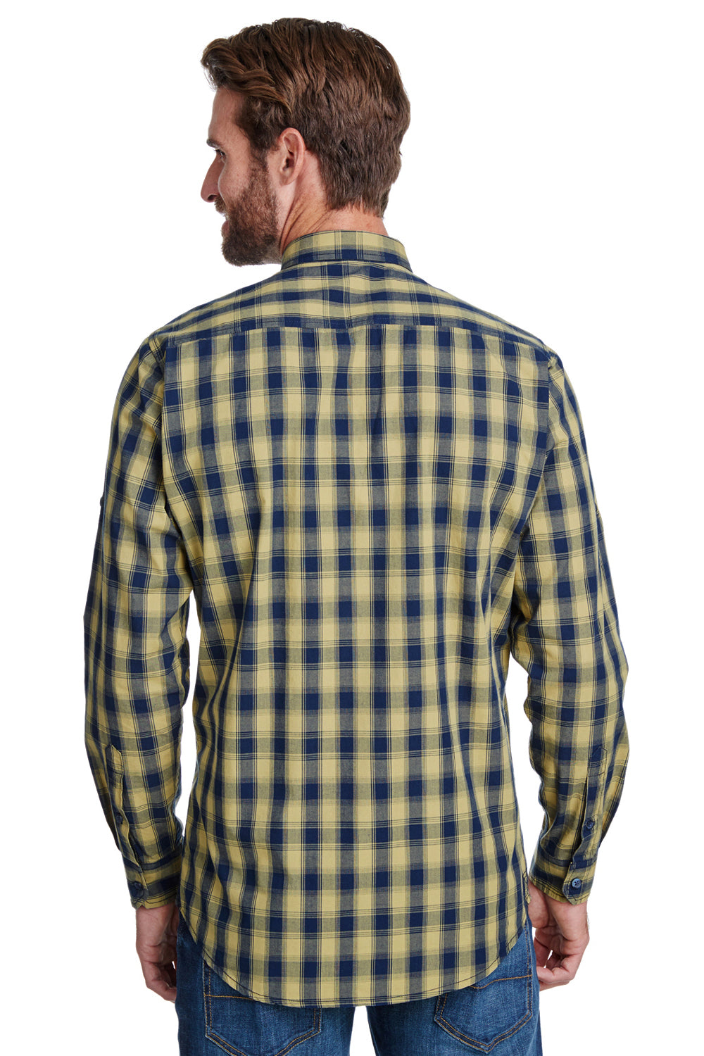 Artisan Collection RP250 Mens Mulligan Check Long Sleeve Button Down Shirt Camel Brown/Navy Blue Model Back