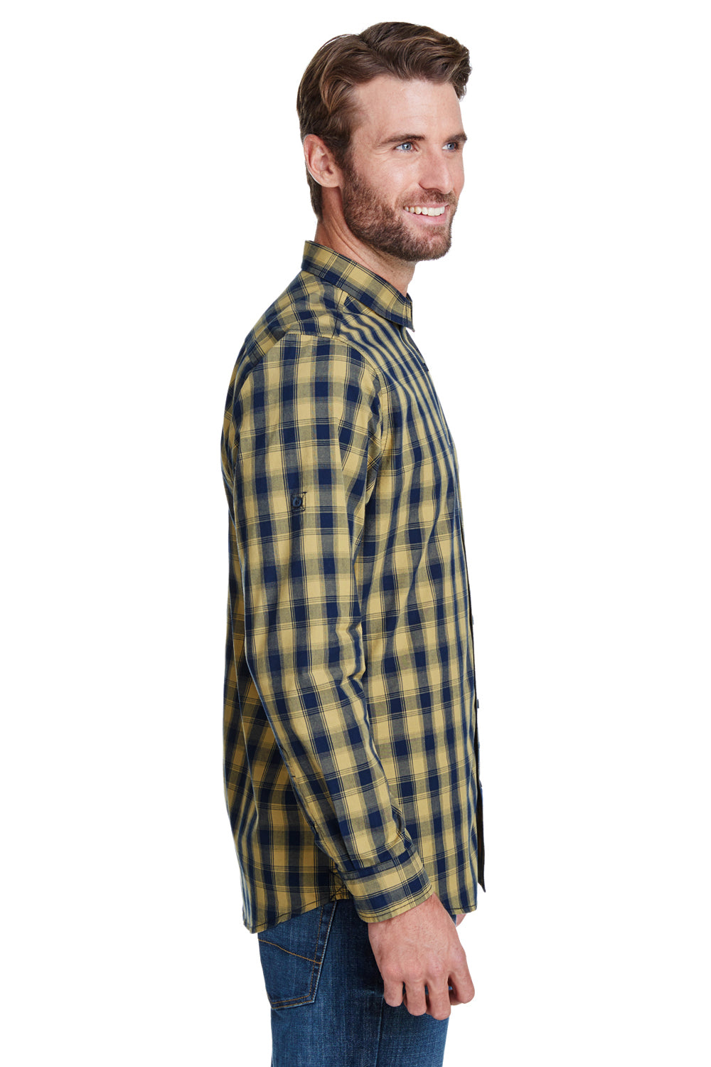 Artisan Collection RP250 Mens Mulligan Check Long Sleeve Button Down Shirt Camel Brown/Navy Blue Model Side