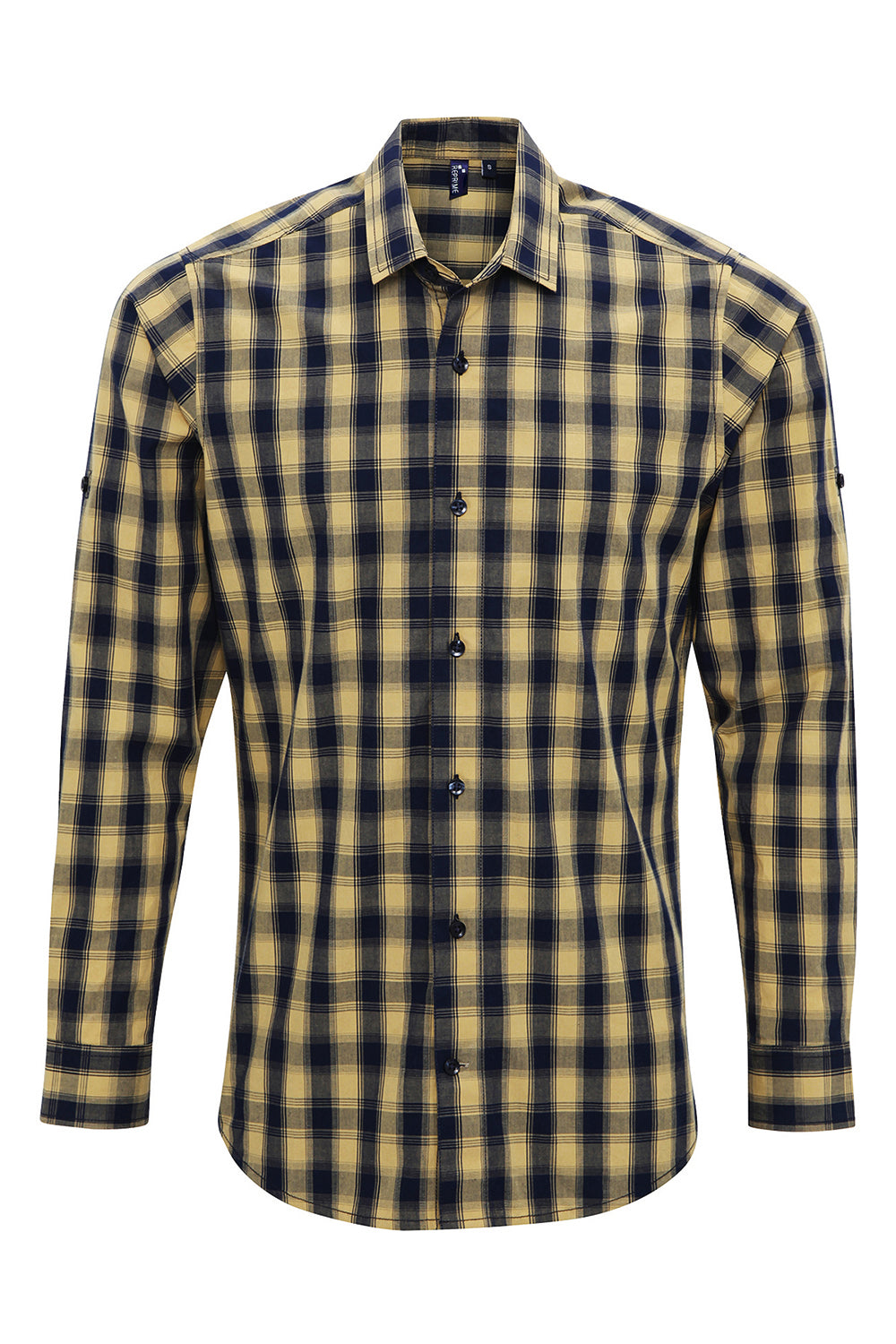 Artisan Collection RP250 Mens Mulligan Check Long Sleeve Button Down Shirt Camel Brown/Navy Blue Model Flat Front