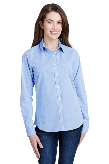 Artisan Collection RP320 Womens Microcheck Gingham Long Sleeve Button Down Shirt Light Blue/White Model Front