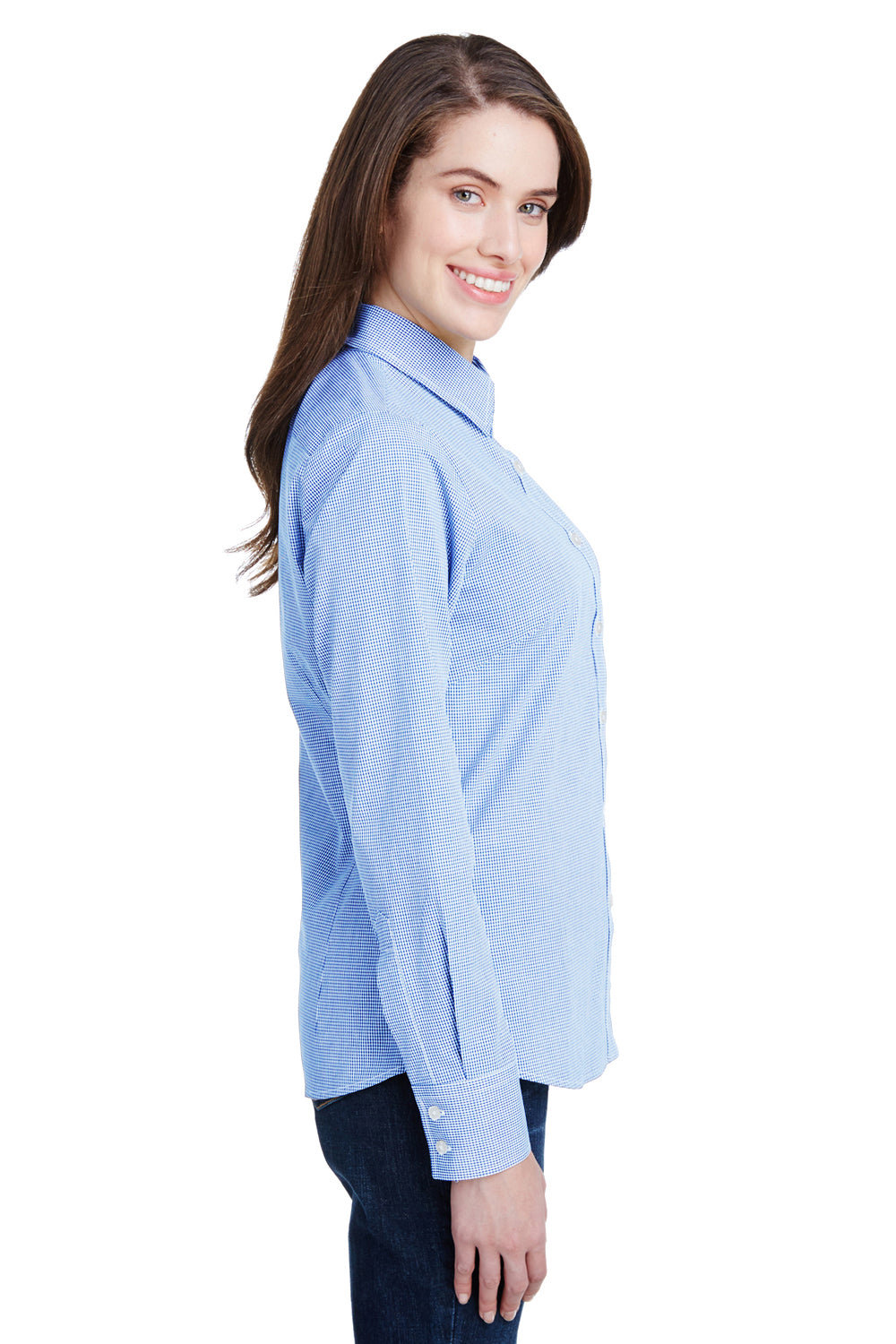 Artisan Collection RP320 Womens Microcheck Gingham Long Sleeve Button Down Shirt Light Blue/White Model Side