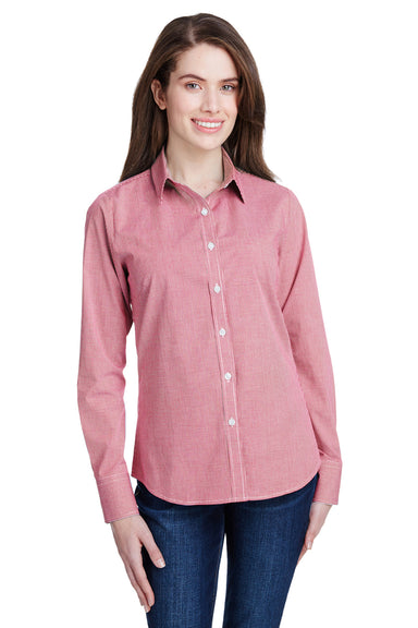 Artisan Collection RP320 Womens Microcheck Gingham Long Sleeve Button Down Shirt Red/White Model Front
