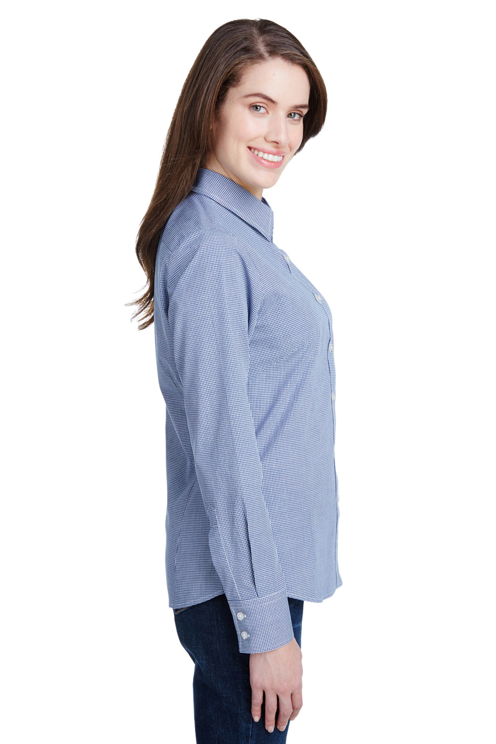 Artisan Collection RP320 Womens Microcheck Gingham Long Sleeve Button Down Shirt Navy Blue/White Model Side