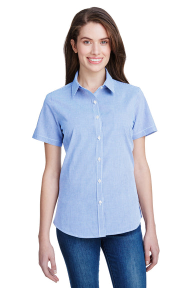 Artisan Collection RP321 Womens Microcheck Gingham Short Sleeve Button Down Shirt Light Blue/White Model Front