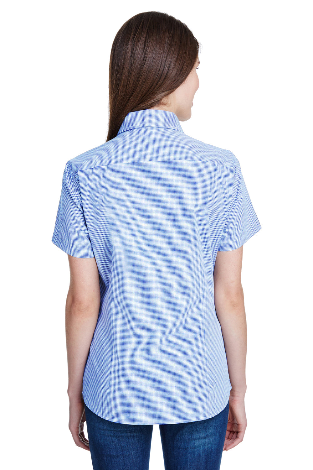 Artisan Collection RP321 Womens Microcheck Gingham Short Sleeve Button Down Shirt Light Blue/White Model Back
