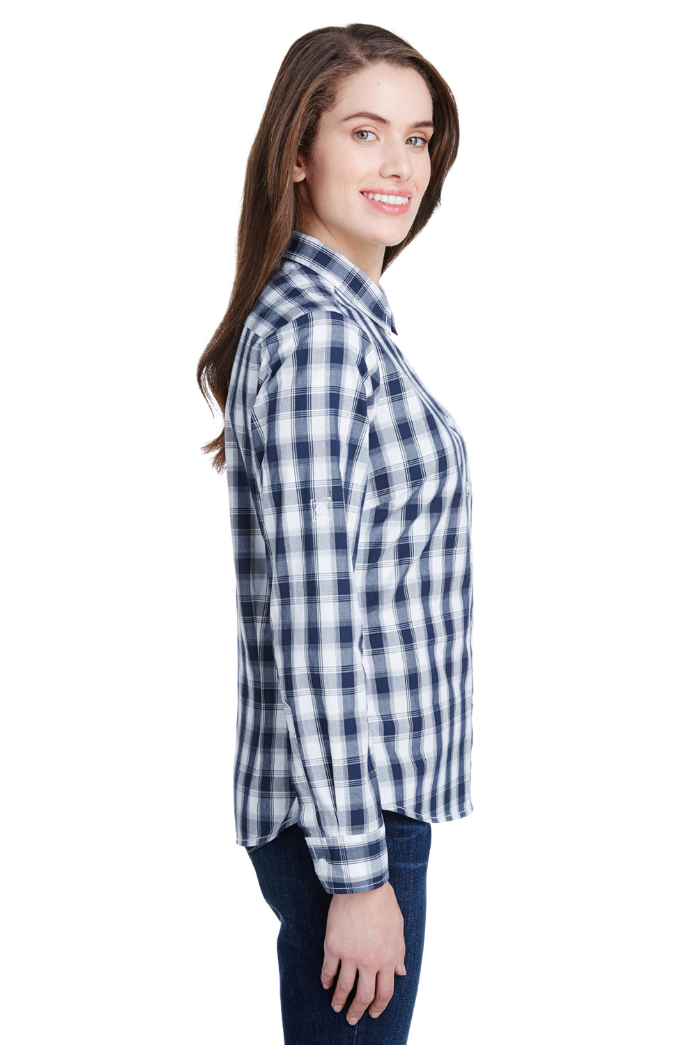 Artisan Collection RP350 Womens Mulligan Check Long Sleeve Button Down Shirt White/Navy Blue Model Side