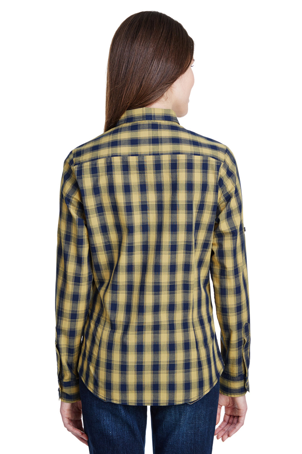 Artisan Collection RP350 Womens Mulligan Check Long Sleeve Button Down Shirt Camel Brown/Navy Blue Model Back
