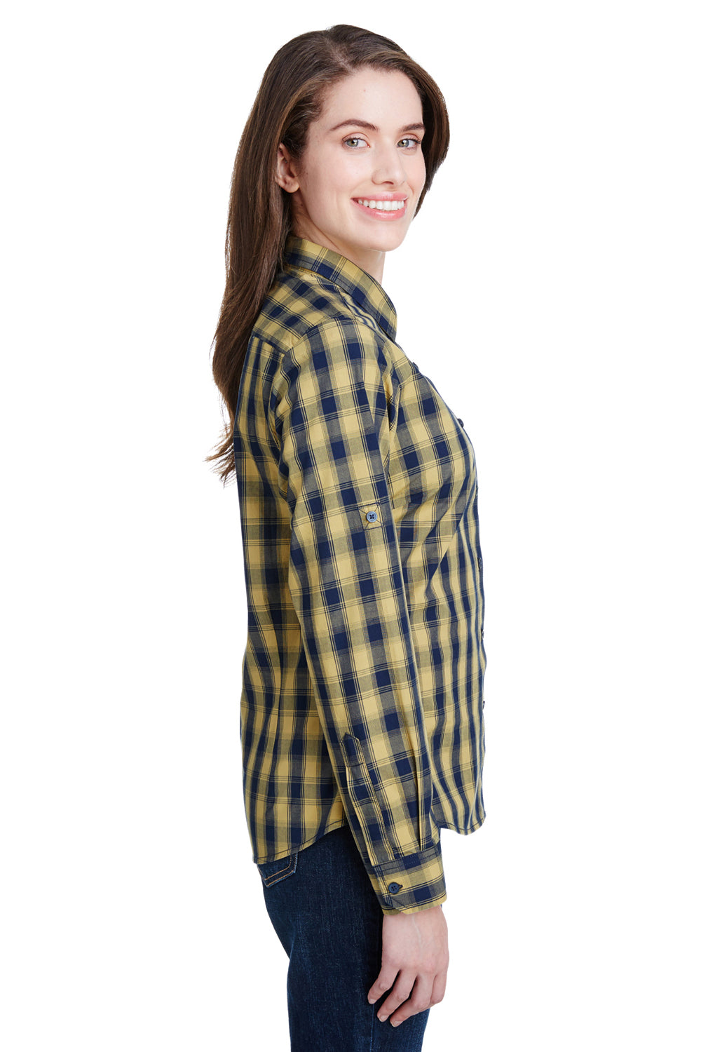 Artisan Collection RP350 Womens Mulligan Check Long Sleeve Button Down Shirt Camel Brown/Navy Blue Model Side
