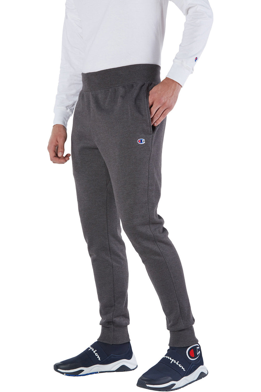Champion RW25 Mens Reverse Weave Fleece Jogger Sweatpants w/ Pockets Heather Charcoal Grey Model 3q