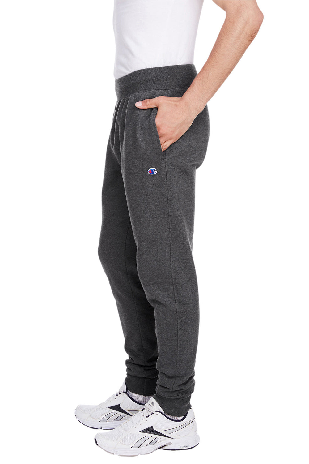Champion RW25 Mens Reverse Weave Fleece Jogger Sweatpants w/ Pockets Heather Charcoal Grey Model Side