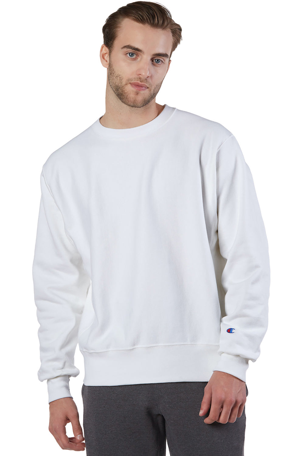 Champion S149/S1049 Mens Shrink Resistant Crewneck Sweatshirt White Model Front