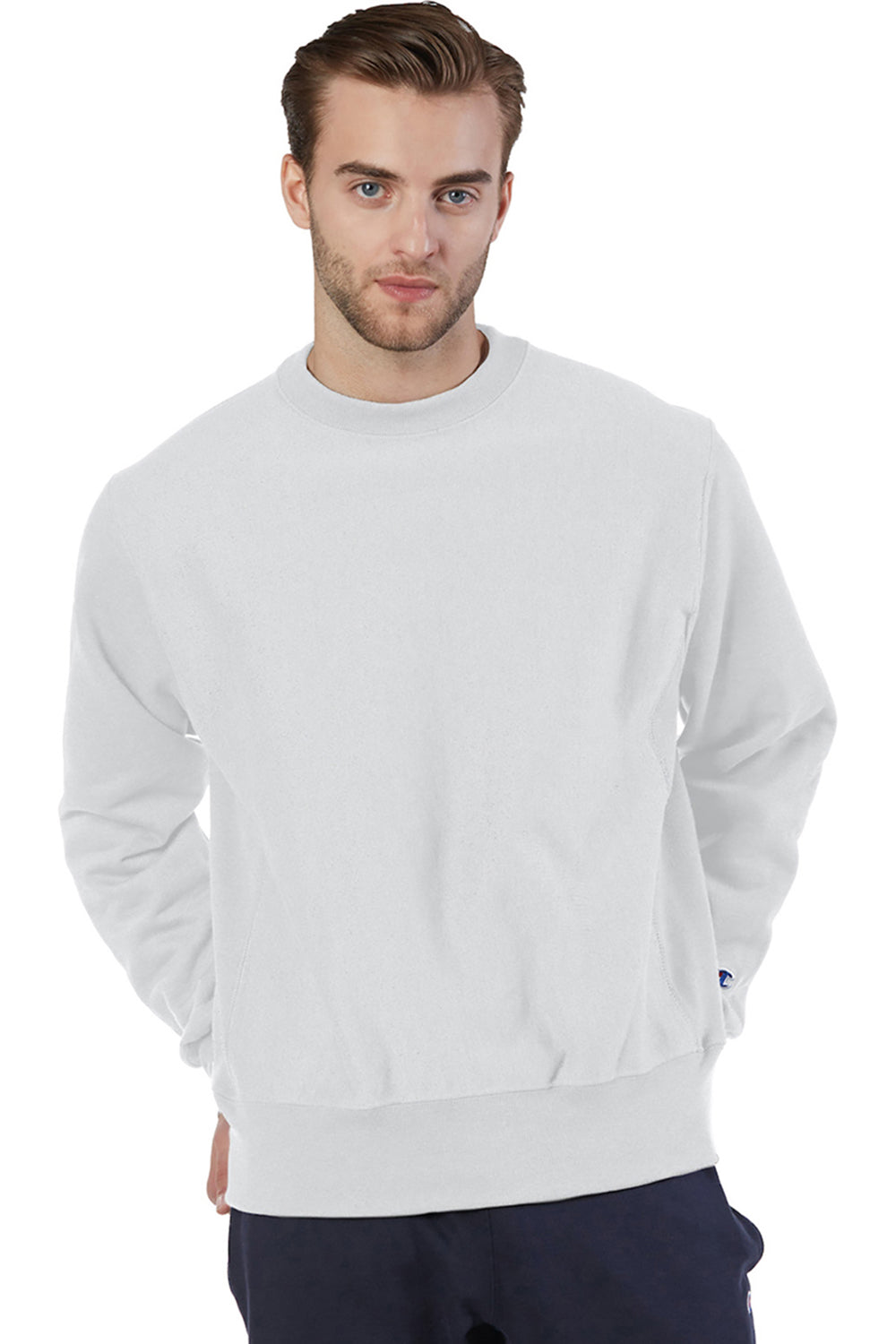 Champion S149/S1049 Mens Shrink Resistant Crewneck Sweatshirt Silver Grey Model Front