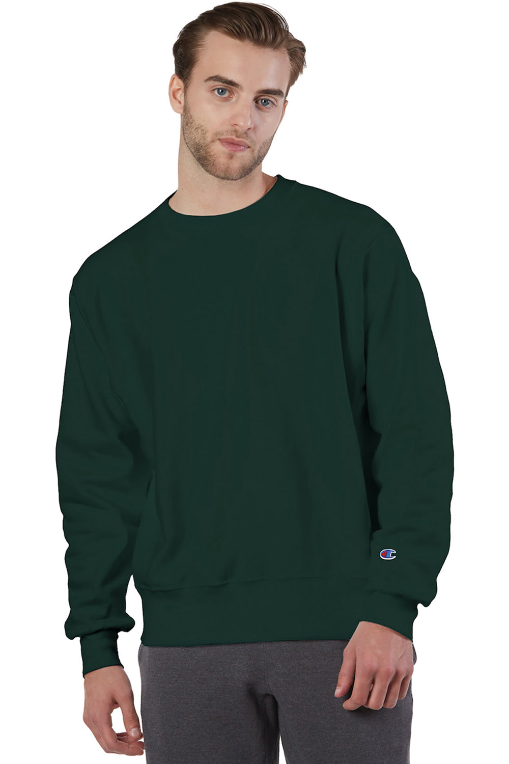 Champion S149/S1049 Mens Shrink Resistant Crewneck Sweatshirt Dark Green Model Front