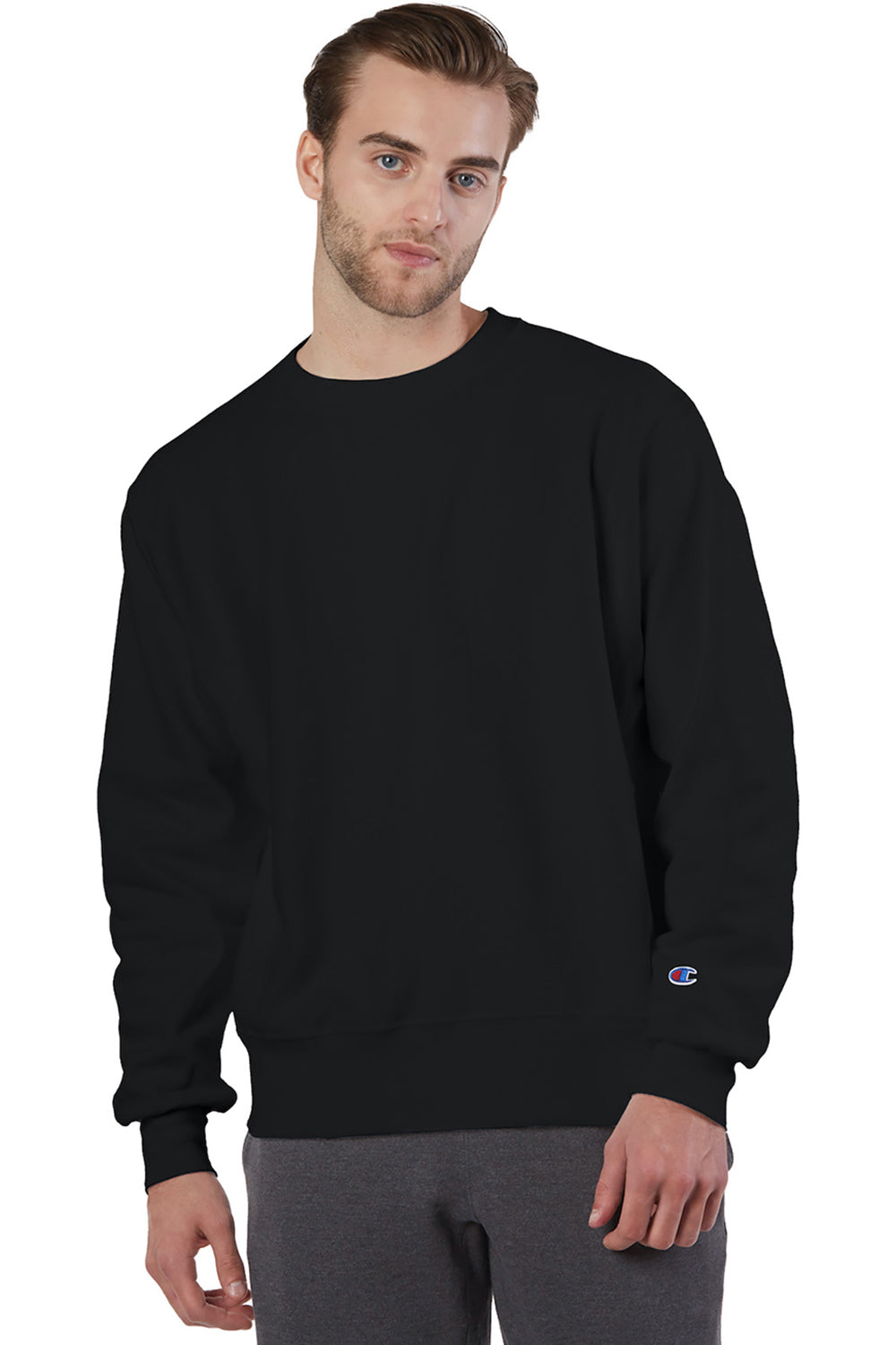 Champion S149/S1049 Mens Shrink Resistant Crewneck Sweatshirt Black Model Front
