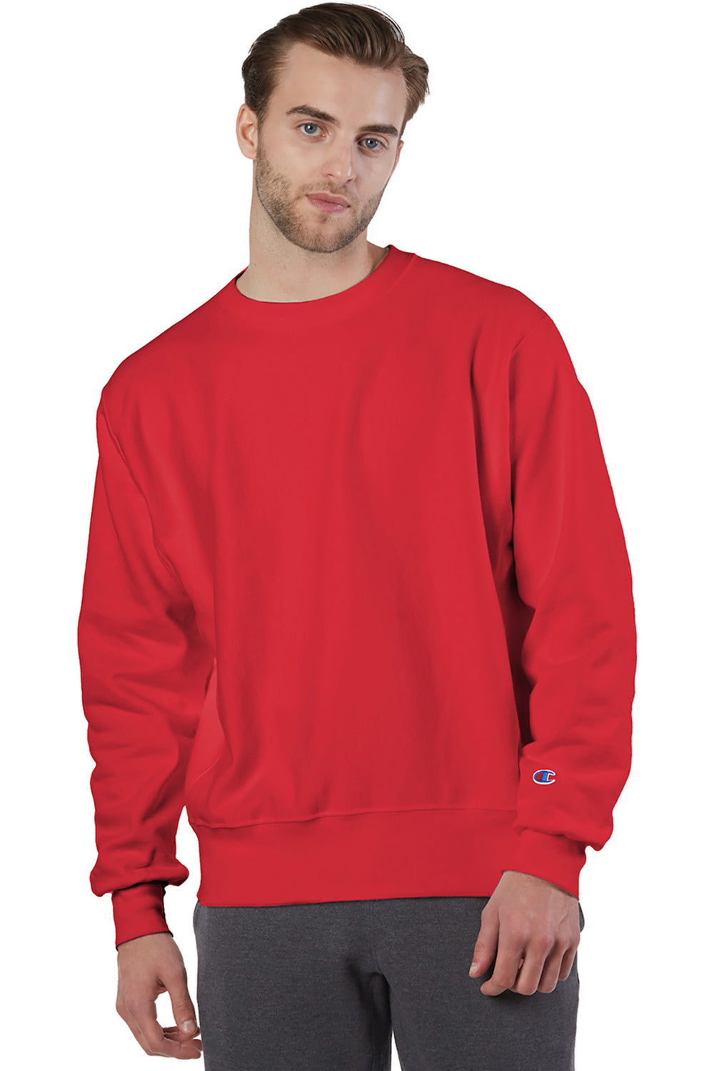 Champion S149/S1049 Mens Shrink Resistant Crewneck Sweatshirt Scarlet Red Model Front