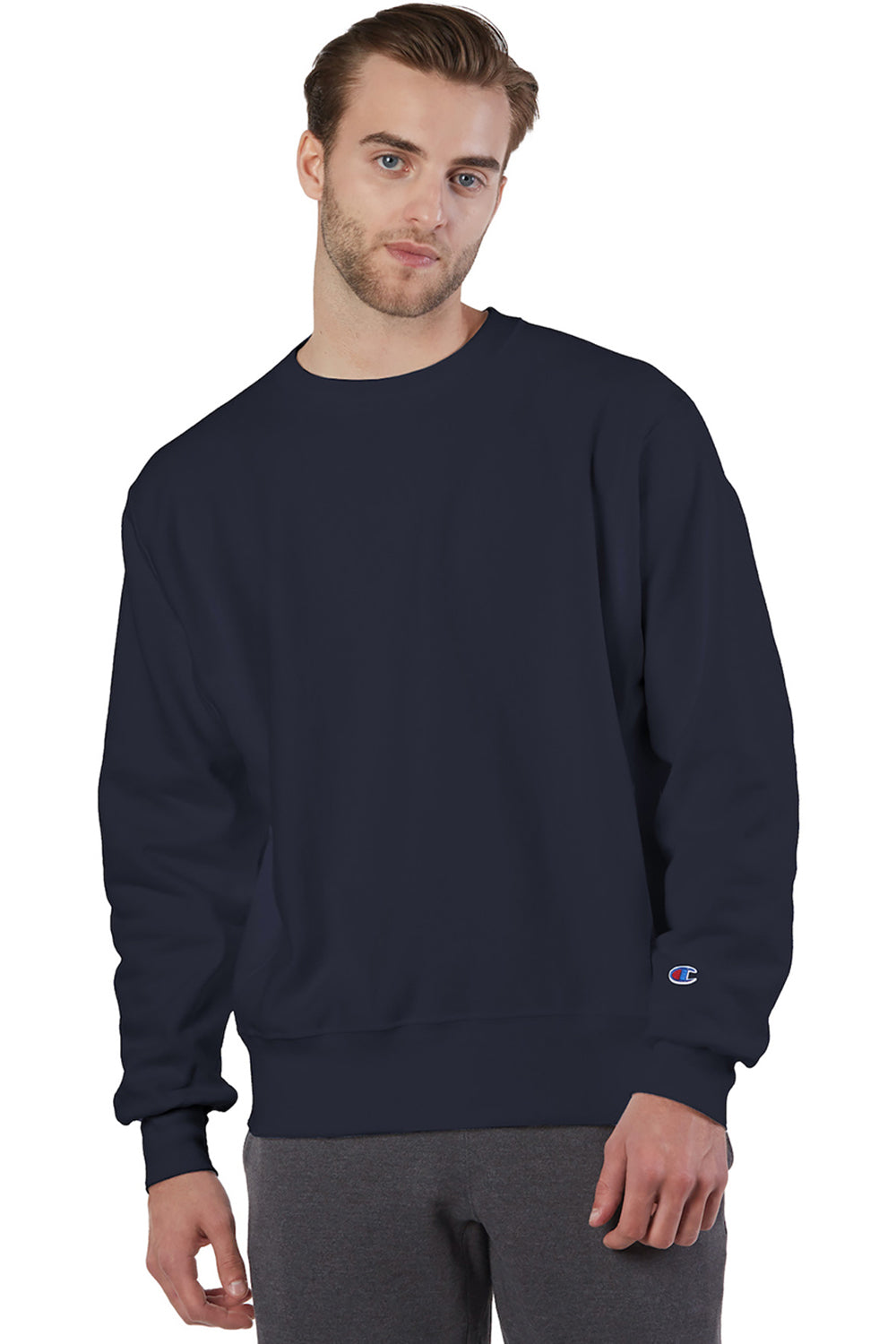 Champion S149/S1049 Mens Shrink Resistant Crewneck Sweatshirt Navy Blue Model Front