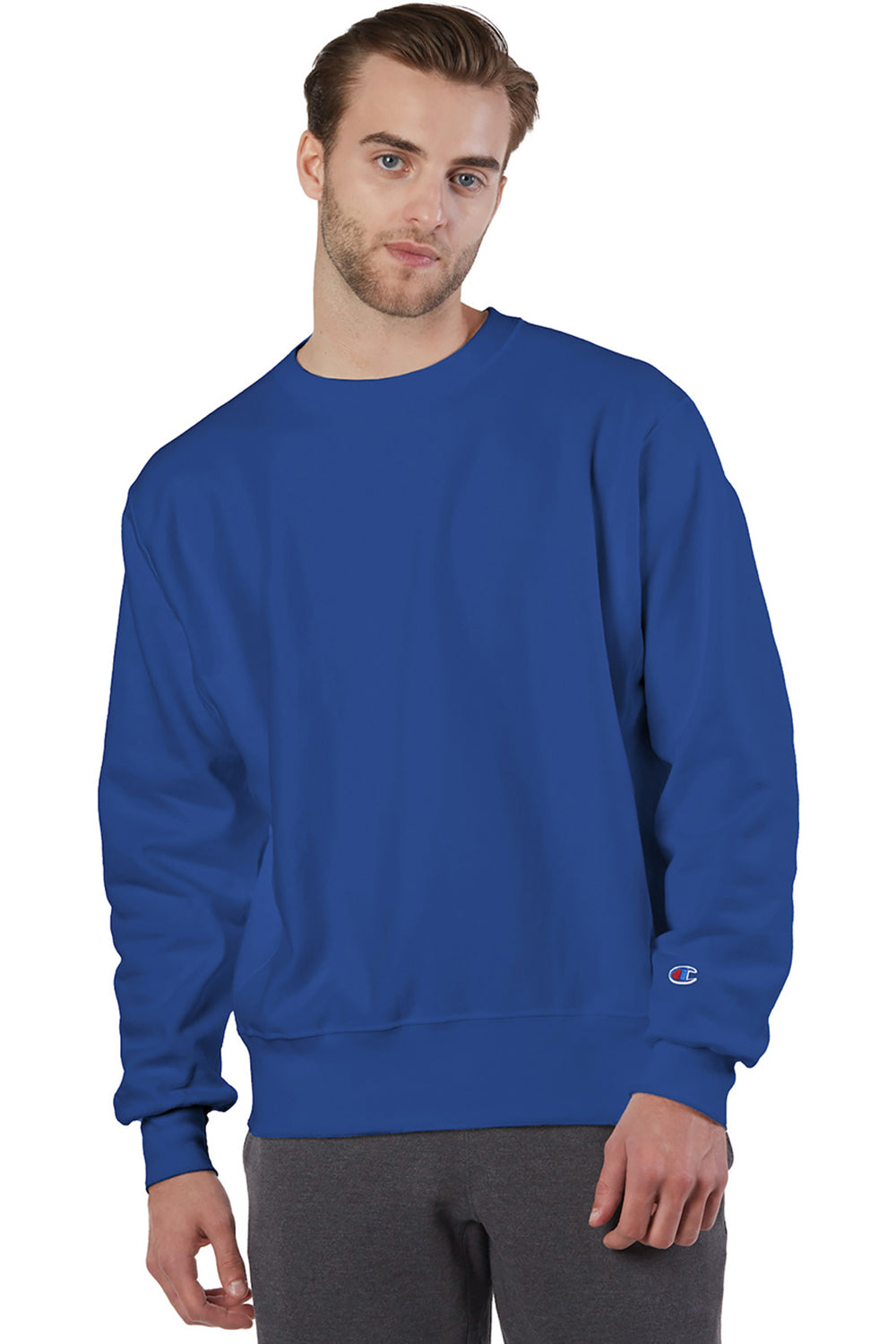 Champion S149/S1049 Mens Shrink Resistant Crewneck Sweatshirt Athletic Royal Blue Model Front
