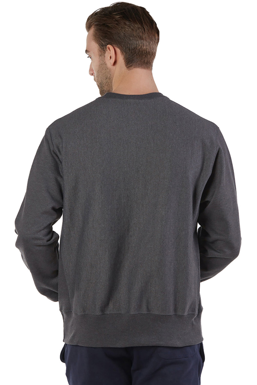 Champion S149/S1049 Mens Shrink Resistant Crewneck Sweatshirt Heather Charcoal Grey Model Back