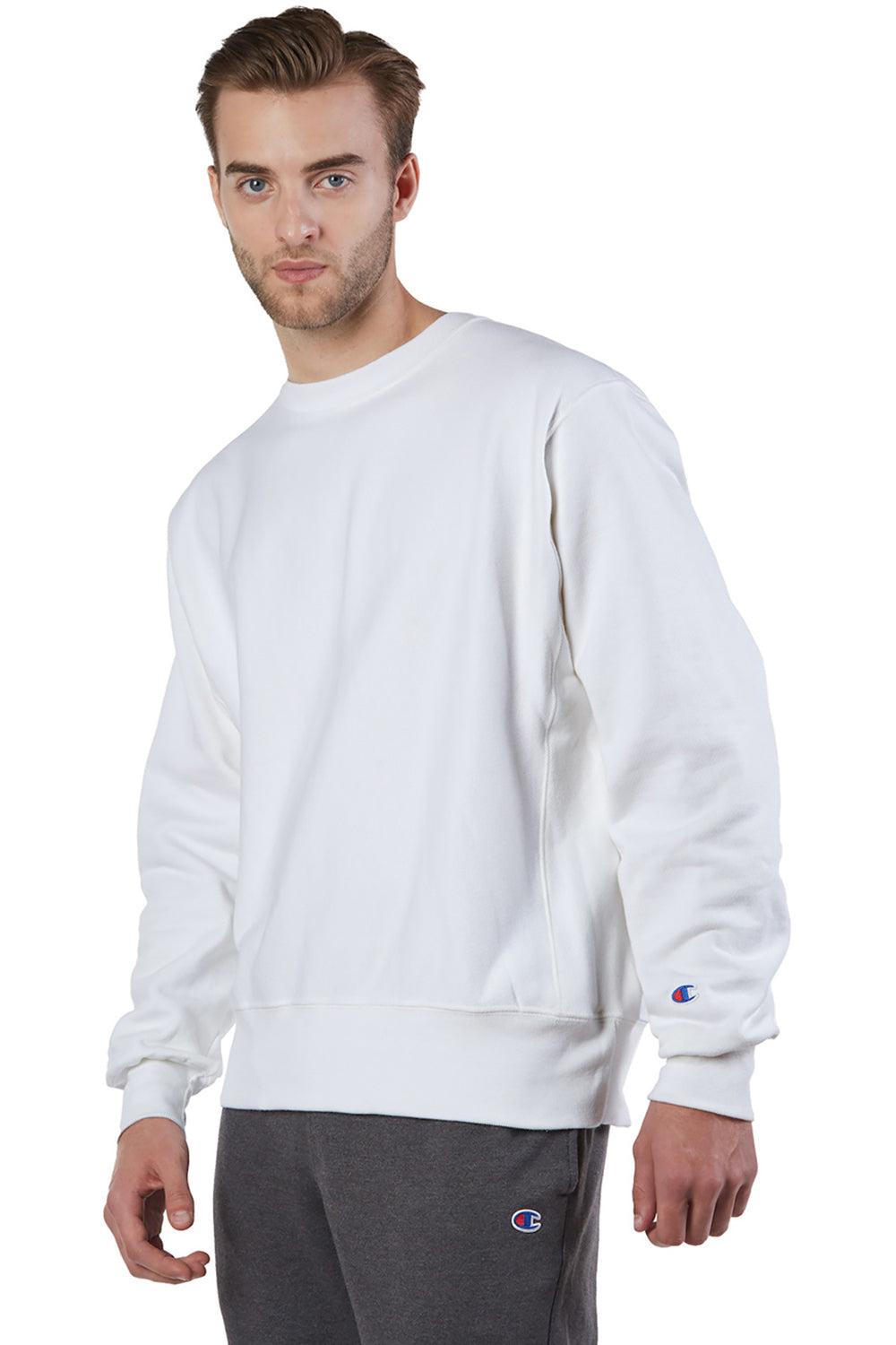Champion S149/S1049 Mens Shrink Resistant Crewneck Sweatshirt White Model 3q