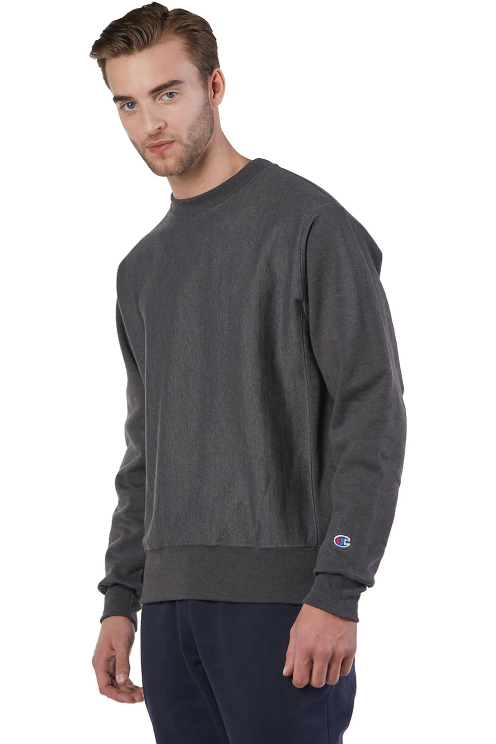 Champion S149/S1049 Mens Shrink Resistant Crewneck Sweatshirt Heather Charcoal Grey Model 3q