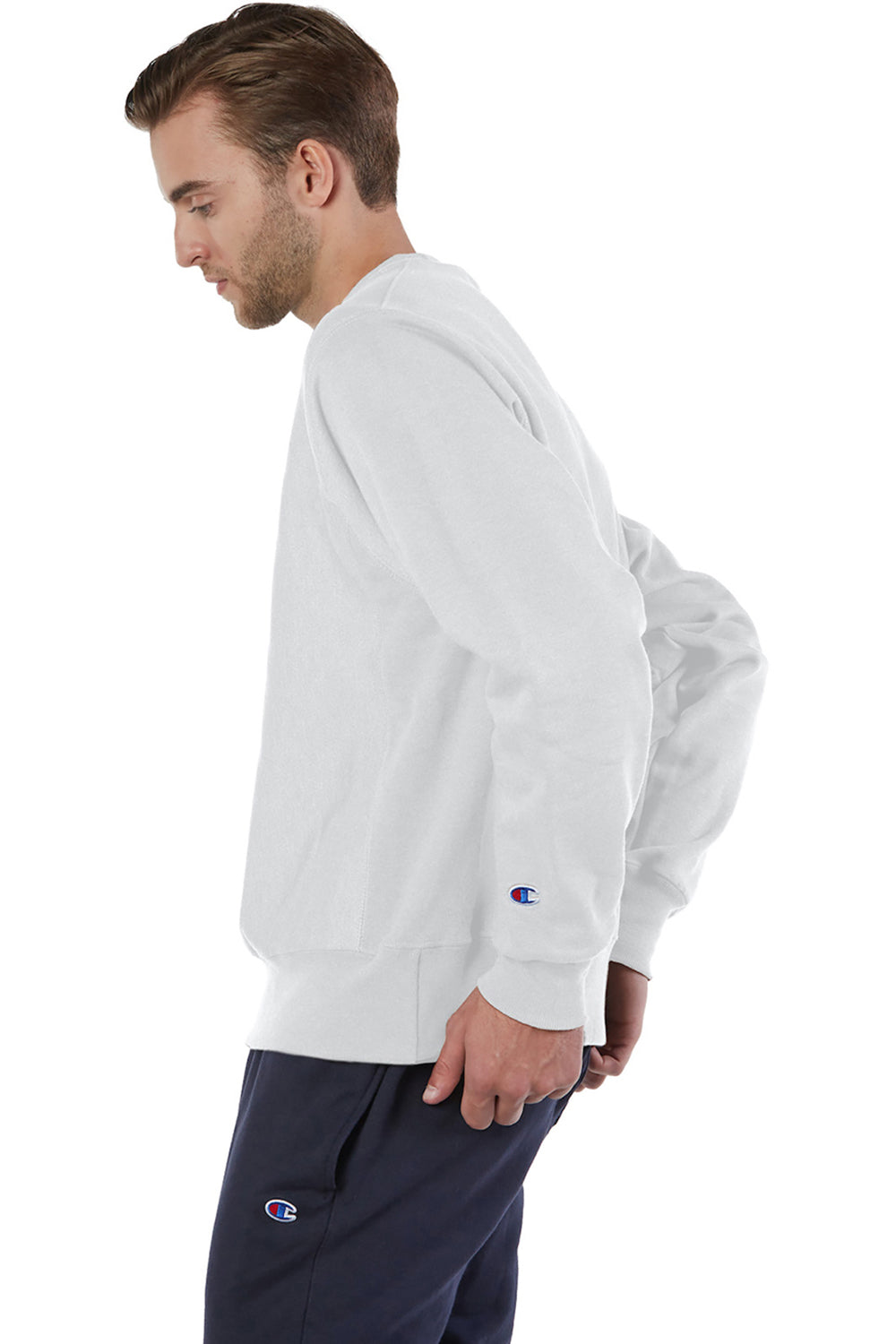 Champion S149/S1049 Mens Shrink Resistant Crewneck Sweatshirt Silver Grey Model Side