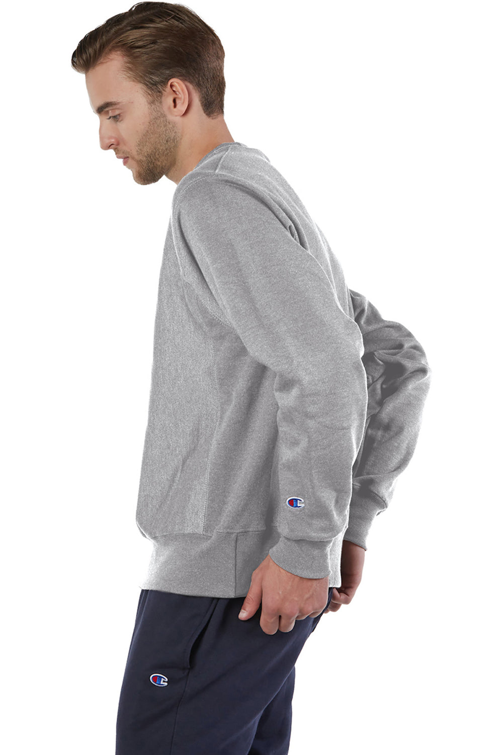 Champion S149/S1049 Mens Shrink Resistant Crewneck Sweatshirt Oxford Grey Model Side