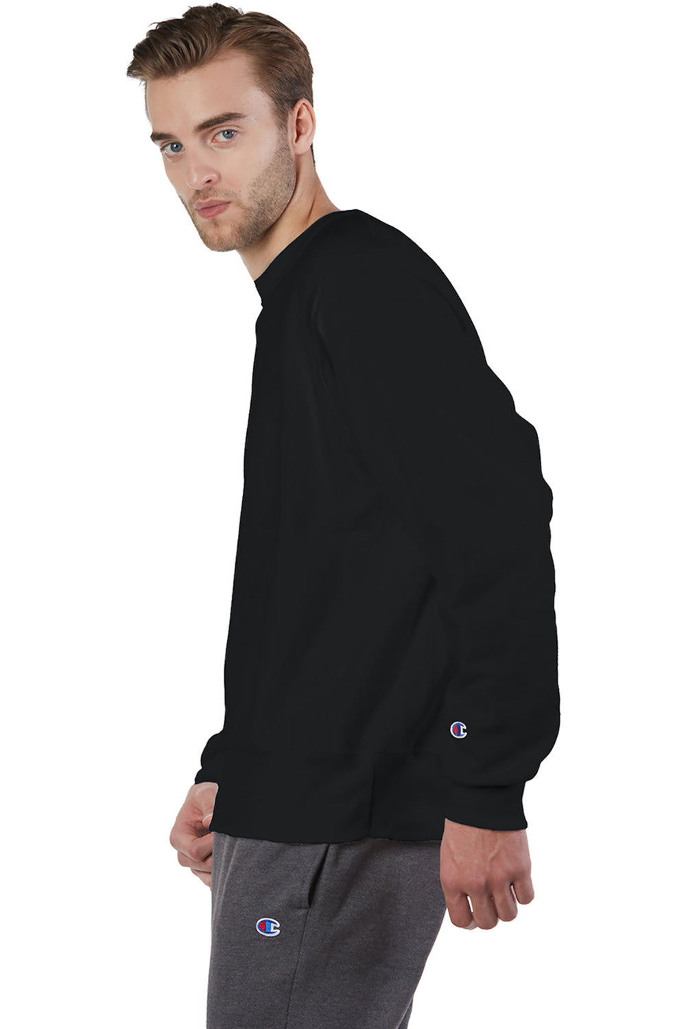 Champion S149/S1049 Mens Shrink Resistant Crewneck Sweatshirt Black Model Side
