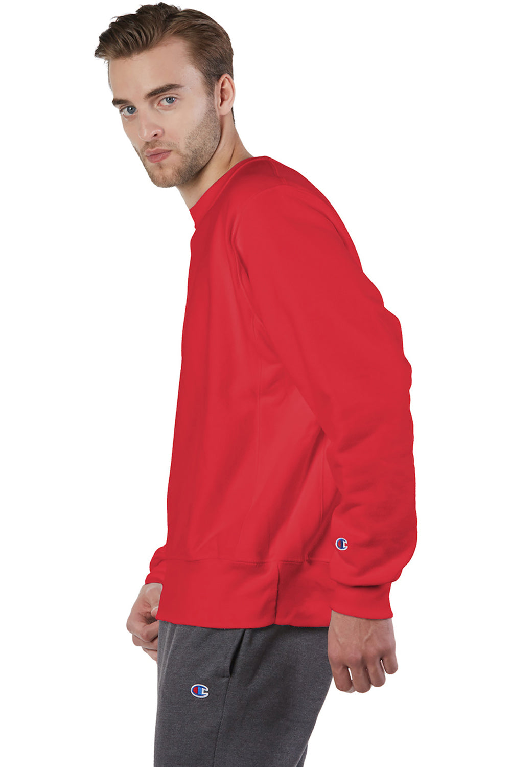 Champion S149/S1049 Mens Shrink Resistant Crewneck Sweatshirt Scarlet Red Model Side