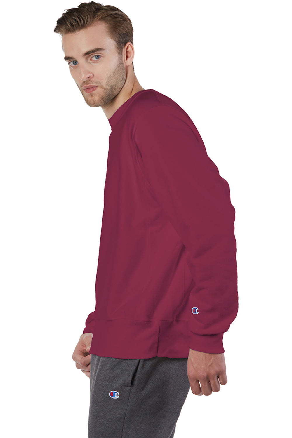 Champion S149/S1049 Mens Shrink Resistant Crewneck Sweatshirt Cardinal Red Model Side