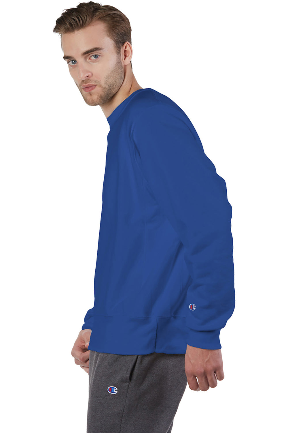 Champion S149/S1049 Mens Shrink Resistant Crewneck Sweatshirt Athletic Royal Blue Model Side