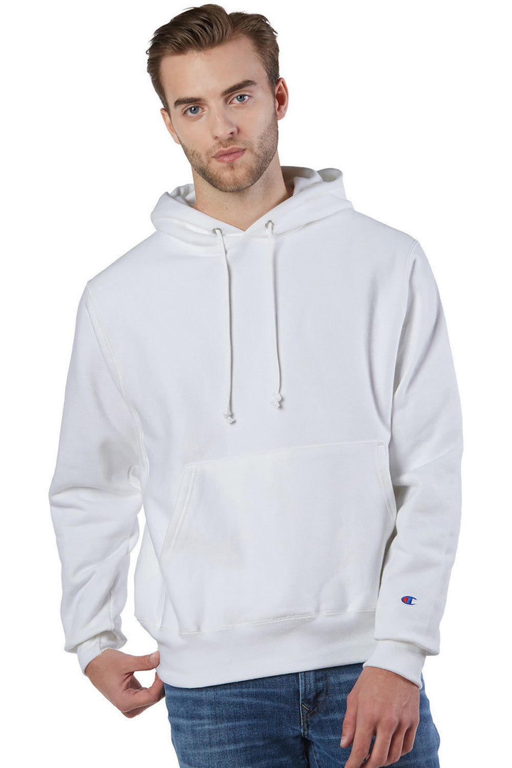 Champion S101/S1051 Mens Shrink Resistant Hooded Sweatshirt Hoodie w/ Pouch Pocket White Model Front