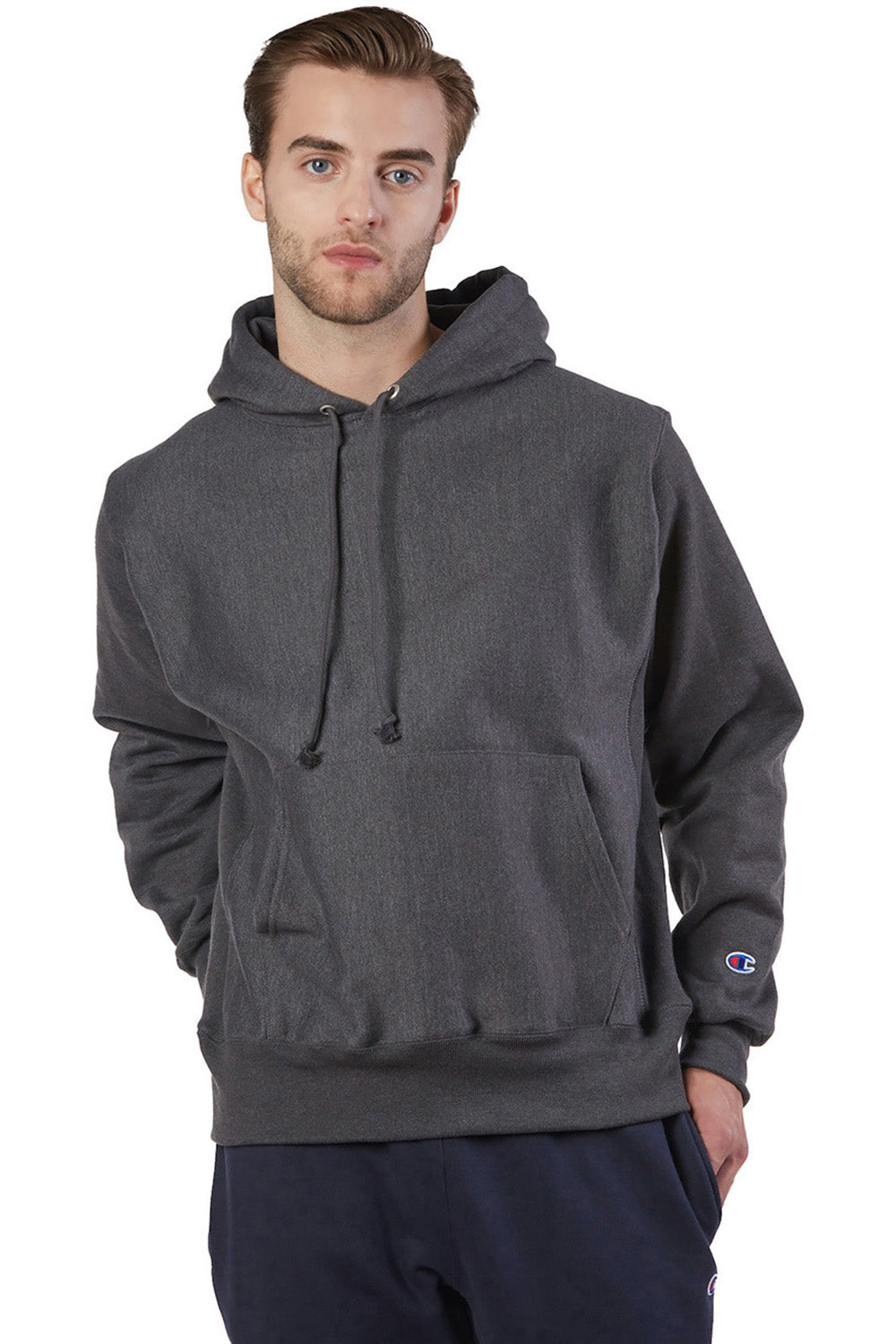 Champion S101/S1051 Mens Shrink Resistant Hooded Sweatshirt Hoodie w/ Pouch Pocket Heather Charcoal Grey Model Front