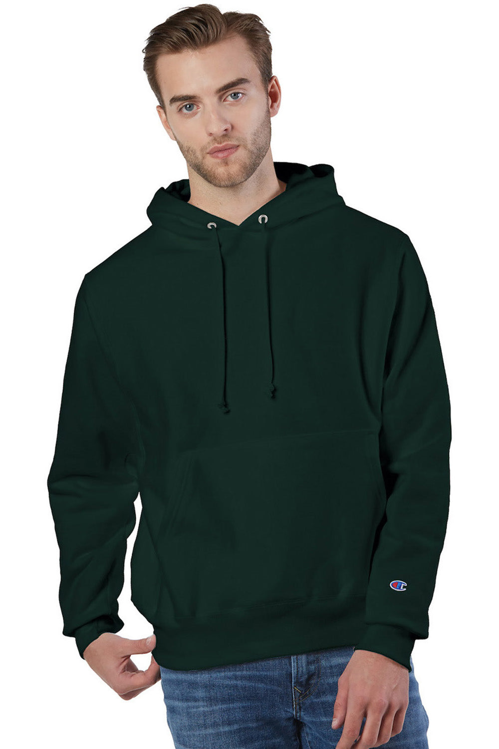 Champion S101/S1051 Mens Shrink Resistant Hooded Sweatshirt Hoodie w/ Pouch Pocket Dark Green Model Front