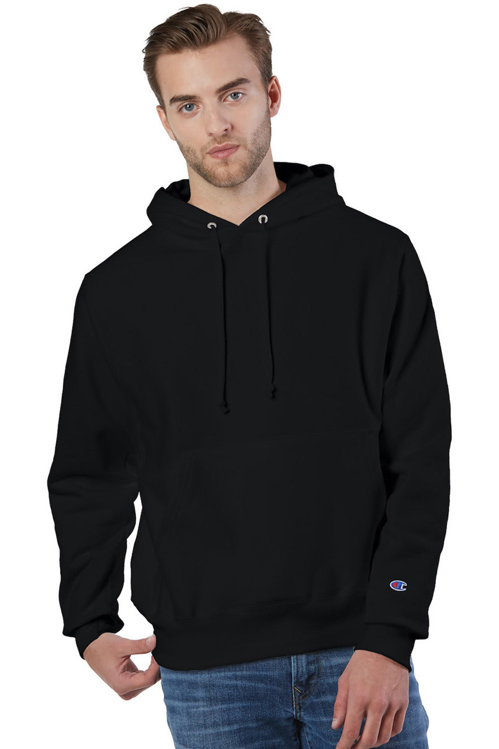 Champion S101/S1051 Mens Shrink Resistant Hooded Sweatshirt Hoodie w/ Pouch Pocket Black Model Front