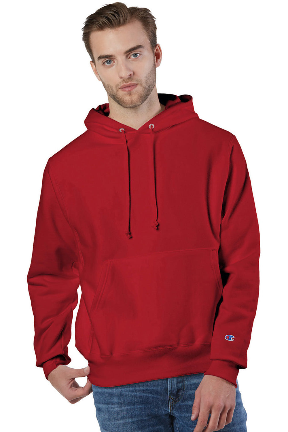 Champion S101/S1051 Mens Shrink Resistant Hooded Sweatshirt Hoodie w/ Pouch Pocket Scarlet Red Model Front