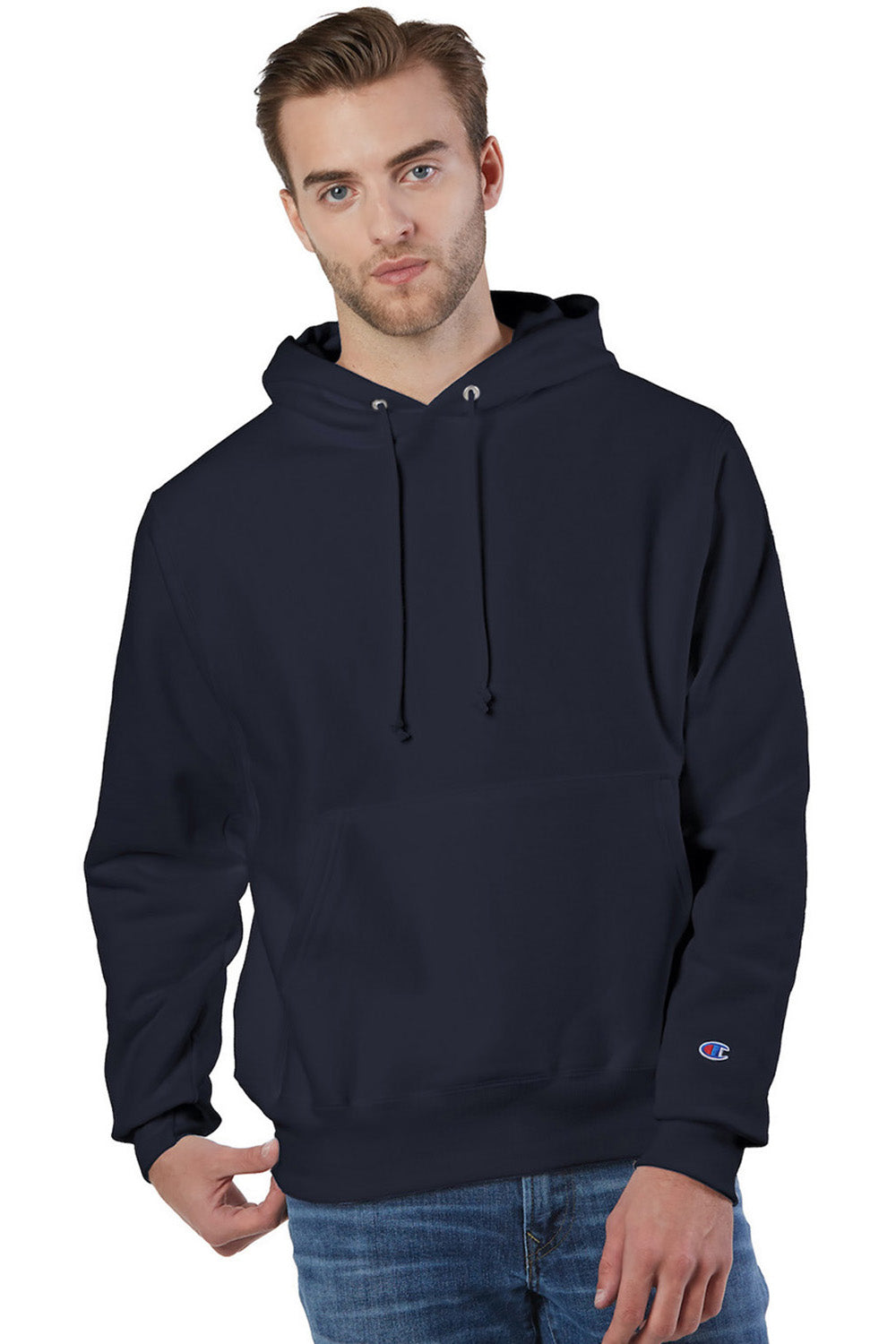 Champion S101/S1051 Mens Shrink Resistant Hooded Sweatshirt Hoodie w/ Pouch Pocket Navy Blue Model Front