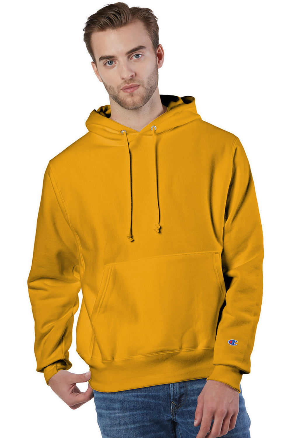 Champion S101/S1051 Mens Shrink Resistant Hooded Sweatshirt Hoodie w/ Pouch Pocket Gold Model Front
