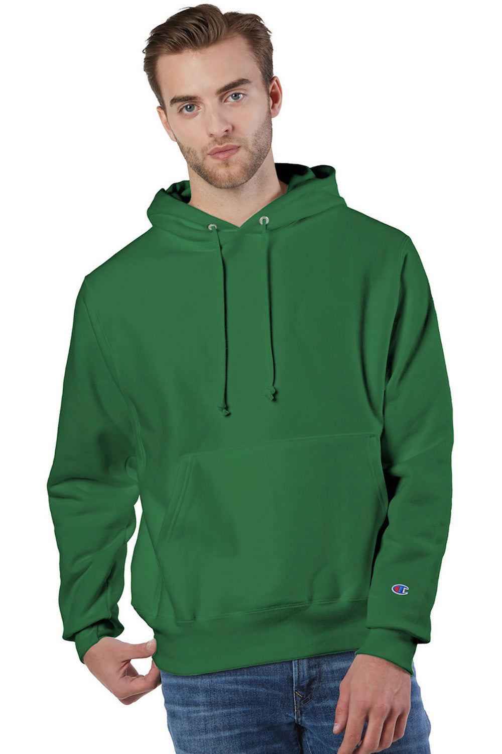 Champion S101/S1051 Mens Shrink Resistant Hooded Sweatshirt Hoodie w/ Pouch Pocket Kelly Green Model Front