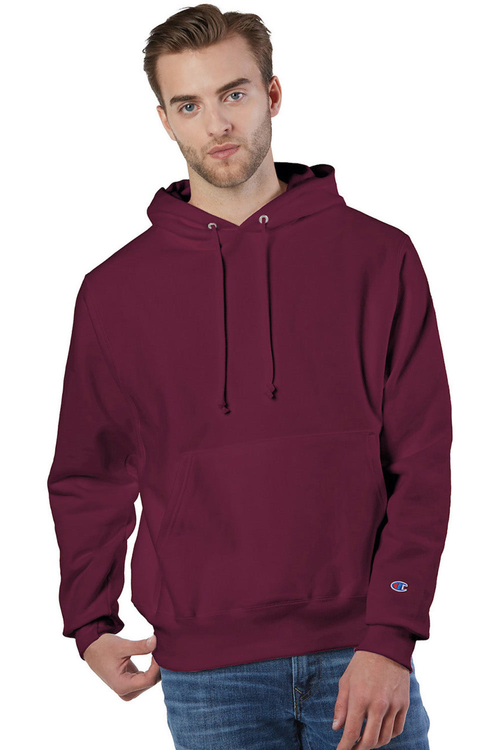Champion S101/S1051 Mens Shrink Resistant Hooded Sweatshirt Hoodie w/ Pouch Pocket Cardinal Red Model Front
