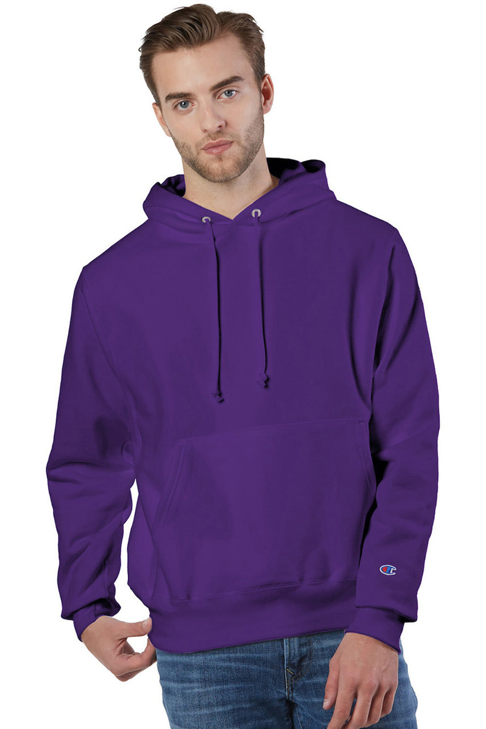 Champion S101/S1051 Mens Shrink Resistant Hooded Sweatshirt Hoodie w/ Pouch Pocket Purple Model Front
