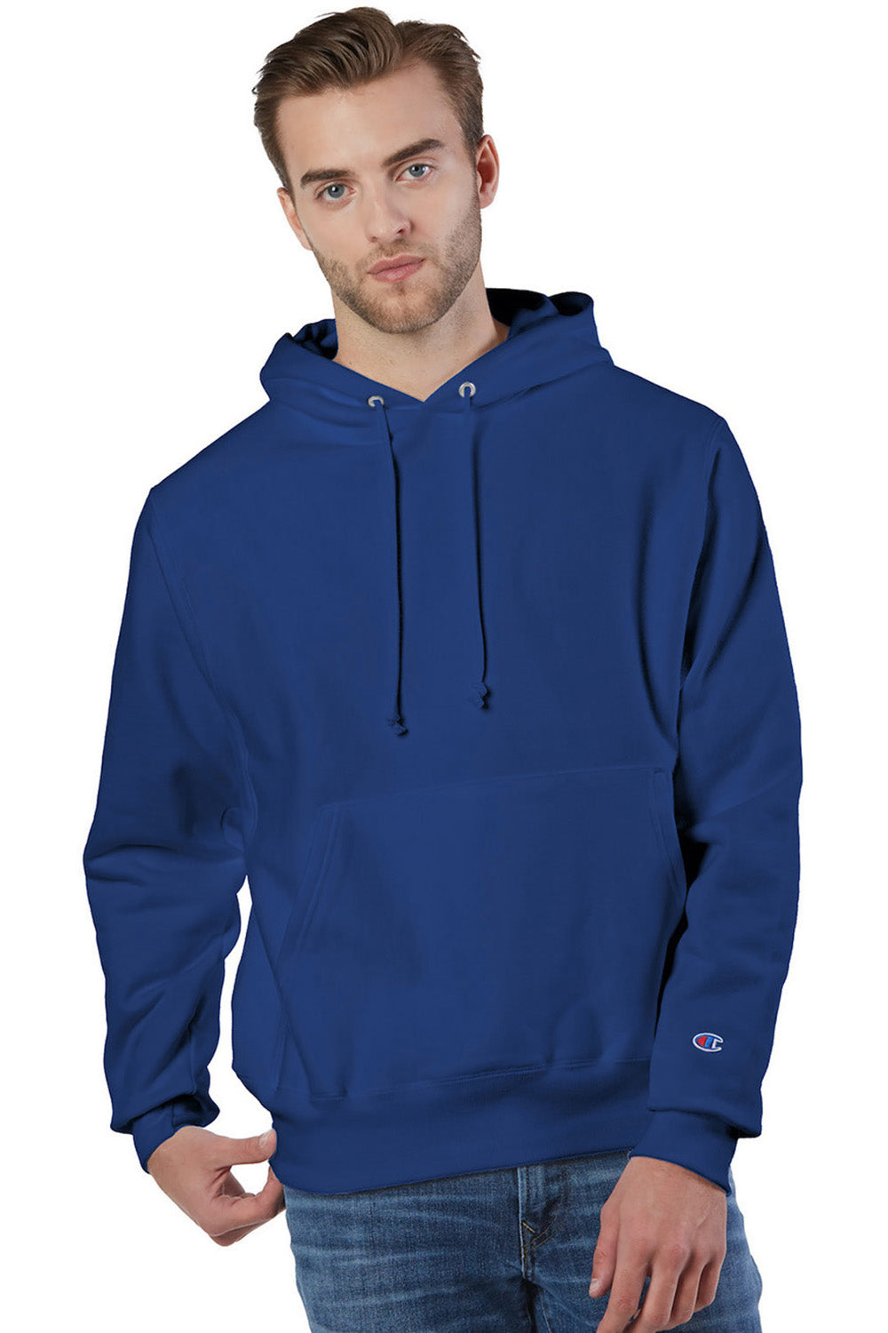 Champion S101/S1051 Mens Shrink Resistant Hooded Sweatshirt Hoodie w/ Pouch Pocket Athletic Royal Blue Model Front