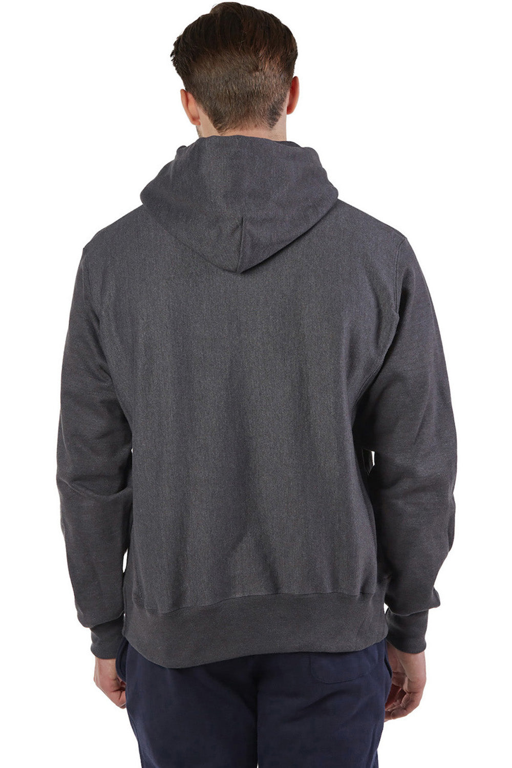 Champion S101/S1051 Mens Shrink Resistant Hooded Sweatshirt Hoodie w/ Pouch Pocket Heather Charcoal Grey Model Back