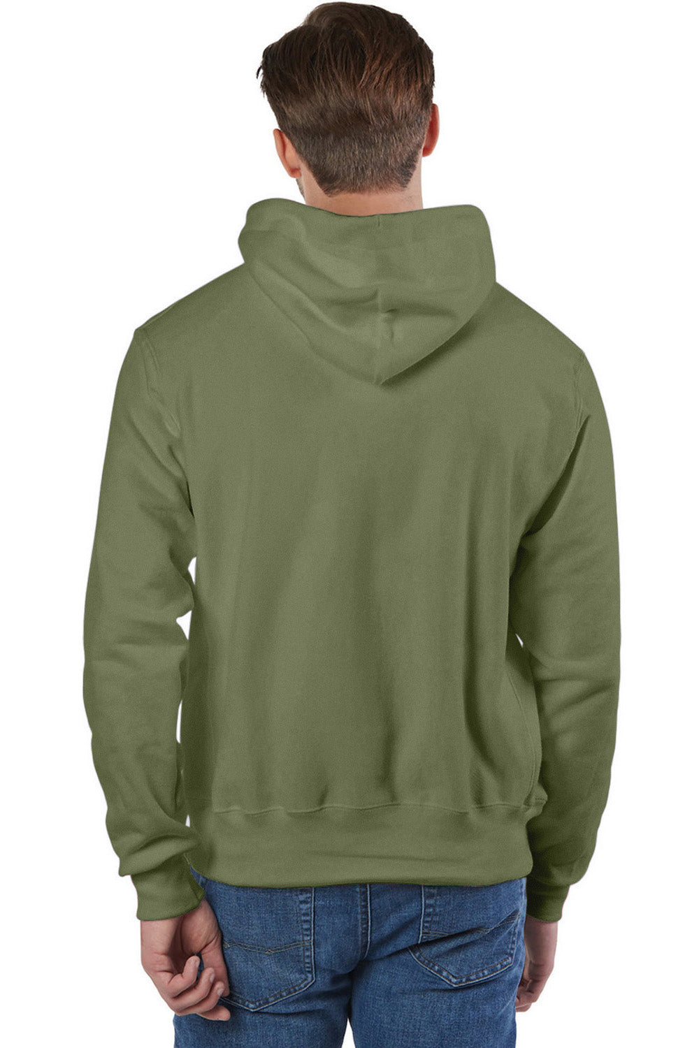 Champion S101/S1051 Mens Shrink Resistant Hooded Sweatshirt Hoodie w/ Pouch Pocket Fresh Olive Green Model Back