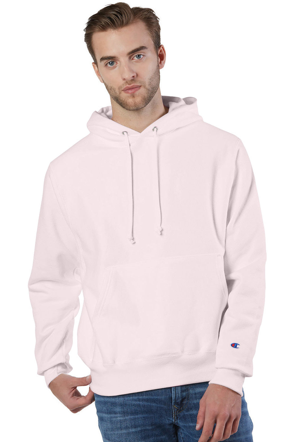 Champion S101/S1051 Mens Shrink Resistant Hooded Sweatshirt Hoodie w/ Pouch Pocket Body Blush Pink Model Front